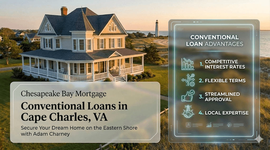 Conventional home loan in Cape Charles VA showing low down payment options and mortgage approval process for buyers