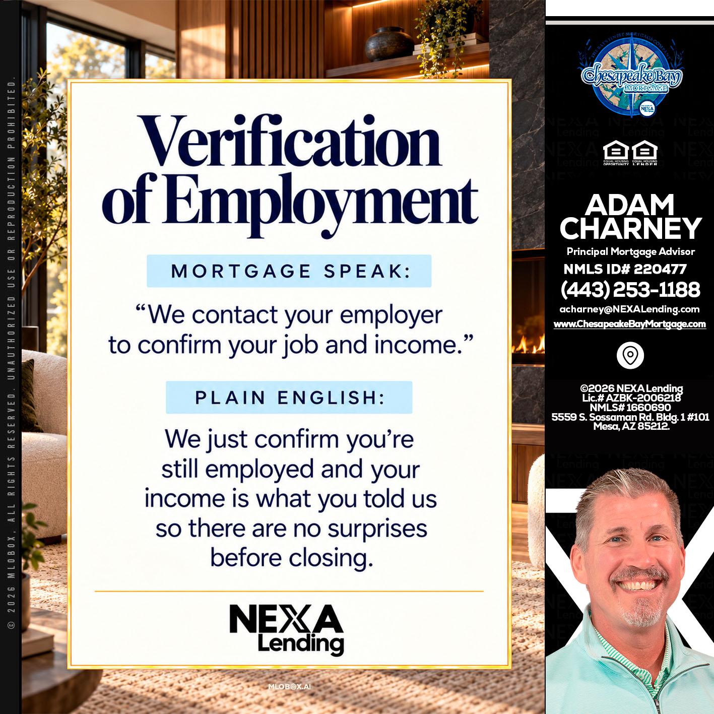 VERIFICATION OF EMPLOYMENT - Adam Charney -Principal Mortgage Advisor